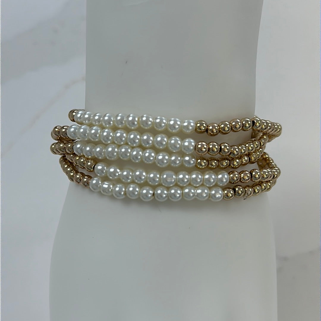 4 Row Crystal/Pearl/Gold Beaded Bracelet