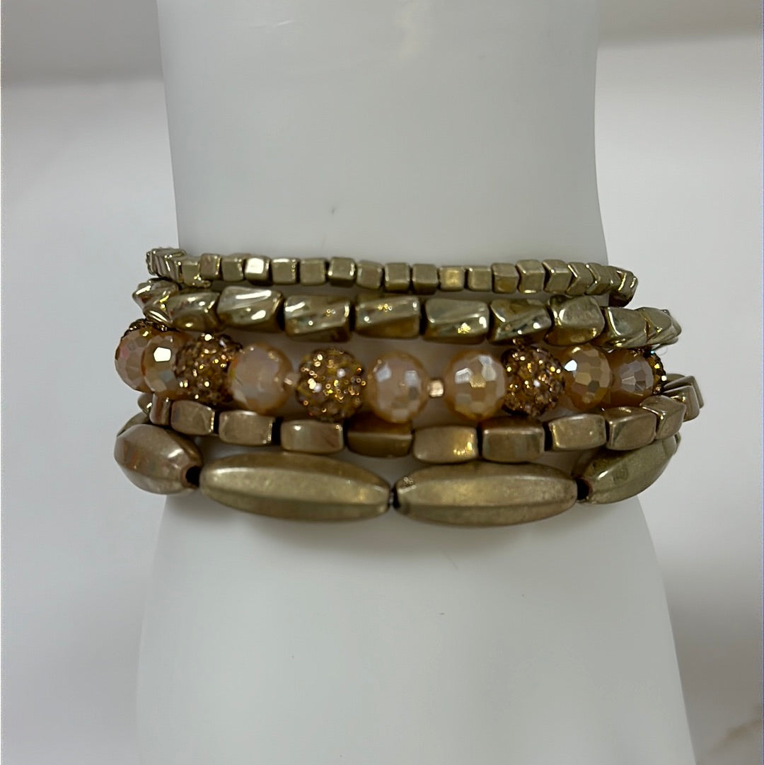 5 Row Worn Gold/Stone/Crystal Stretch Bracelet