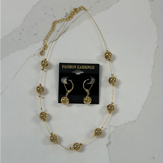 16" Gold Beads On A Wire Necklace/Earring Set