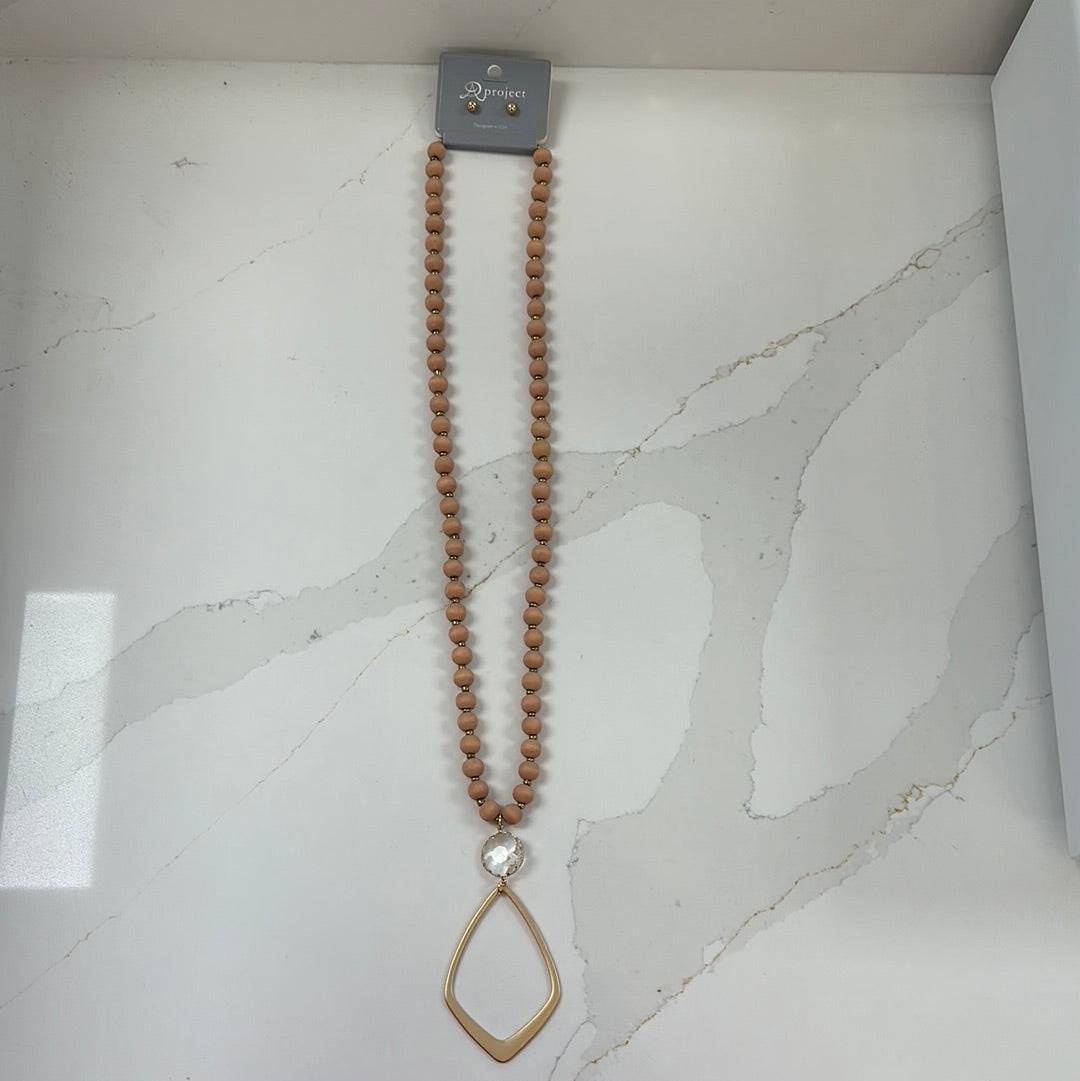 Teardrop/Crystal Wood Beaded Necklace