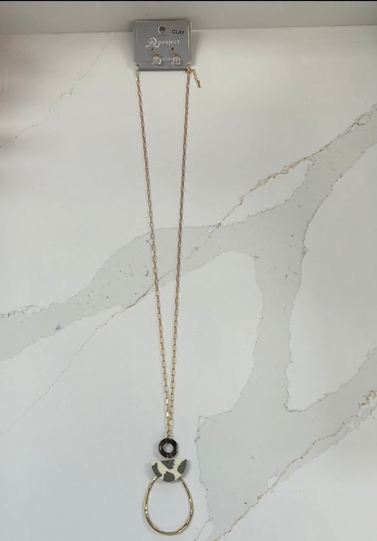 Semi-Circle Clay Teardrop Pendant Necklace/Earring Set