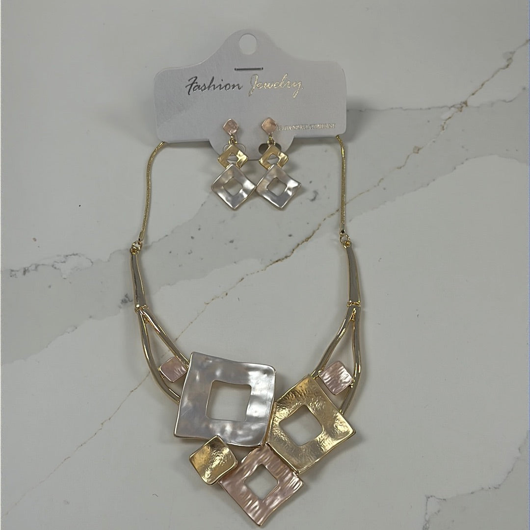 3 Tone Metal Squares Statement Necklace/Earring Set