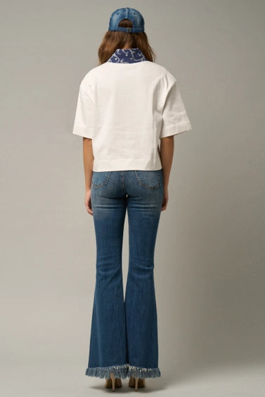 Mid Rise Wide Elastic Waistband Long Frayed Flare Jeans