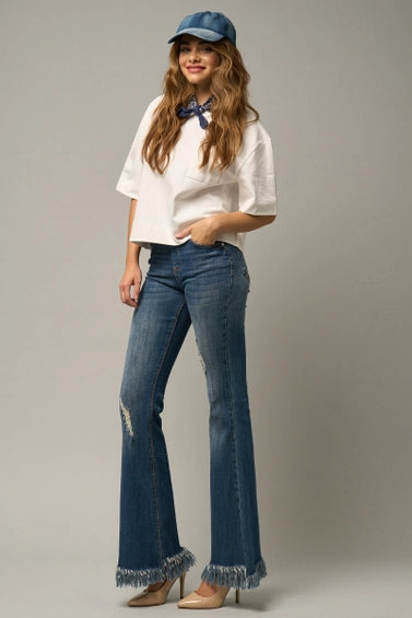 Mid Rise Wide Elastic Waistband Long Frayed Flare Jeans
