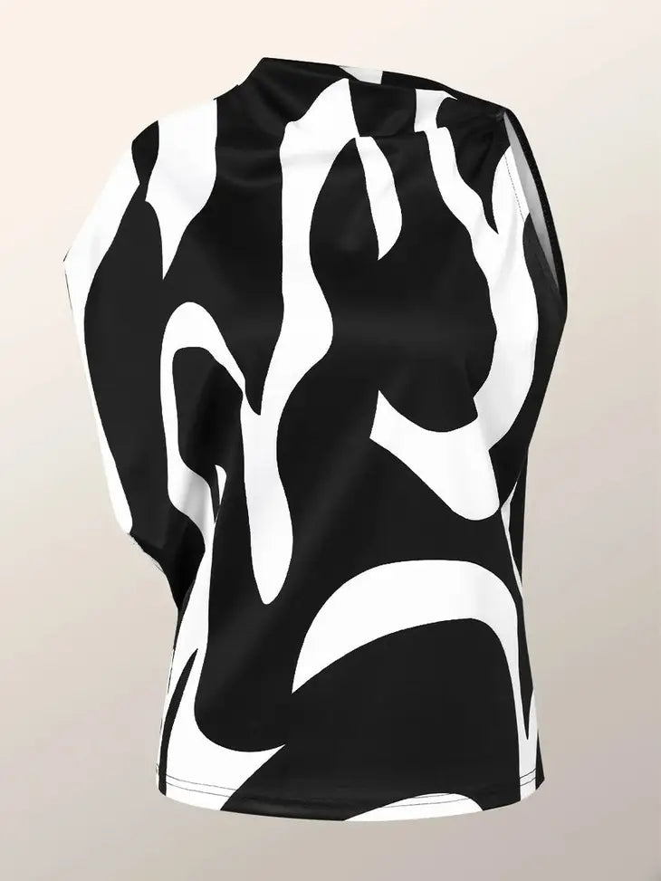 Sleeveless Asymmetric Printed One-Shoulder Blouse