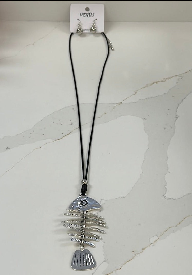 Black Cord W/ Antique Silver Fish Pendant Necklace/Earring Set