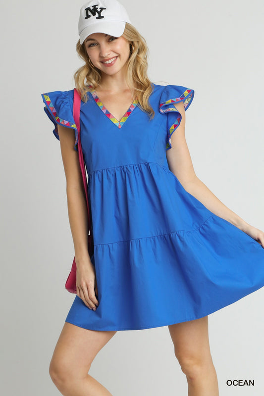 V-Neck Embroidery Pleated Dress