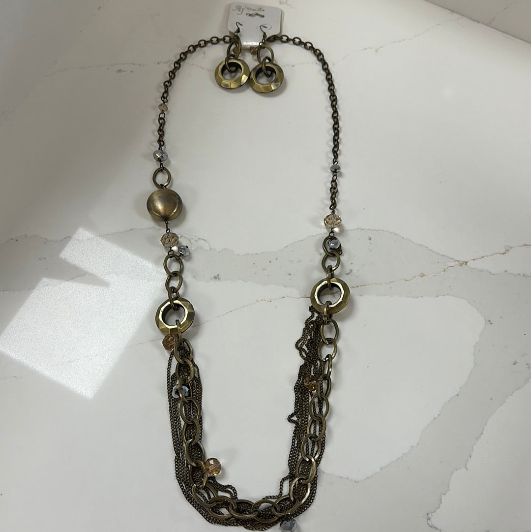 Antique Brass Circles And Beads Necklace/Earring Set