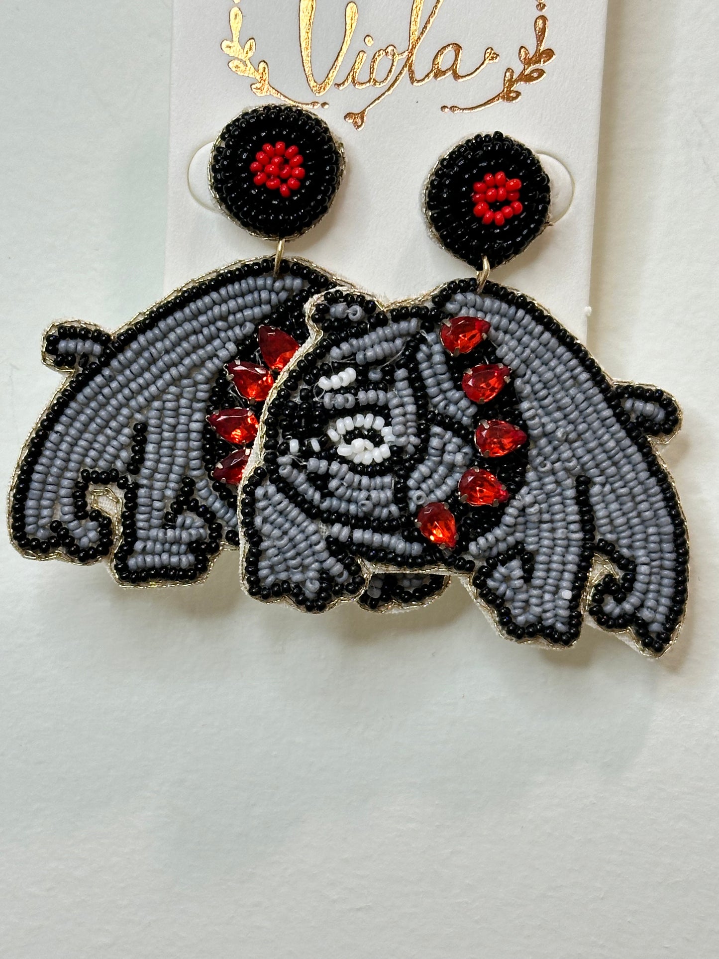 Grey Bulldog with Red Rhinestone Collar Dangle Earrings