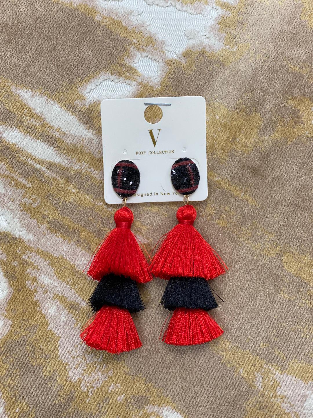 Red & Black Tassels w/ Glitter Football Dangle Earrings